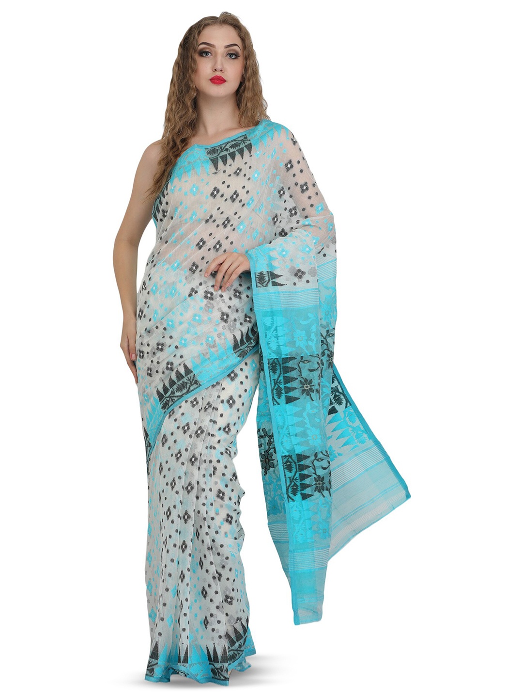 

Exotic India Woven Design Pure Cotton Jamdani Saree, White