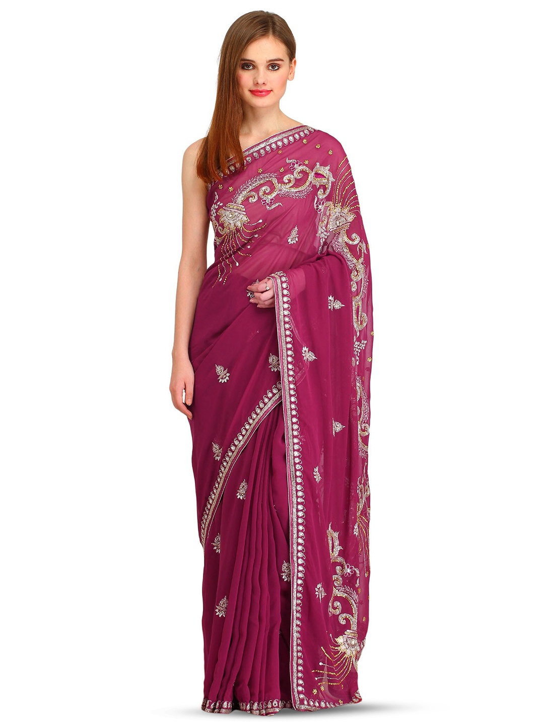 

Exotic India Embellished Embroidered Pure Georgette Saree, Violet