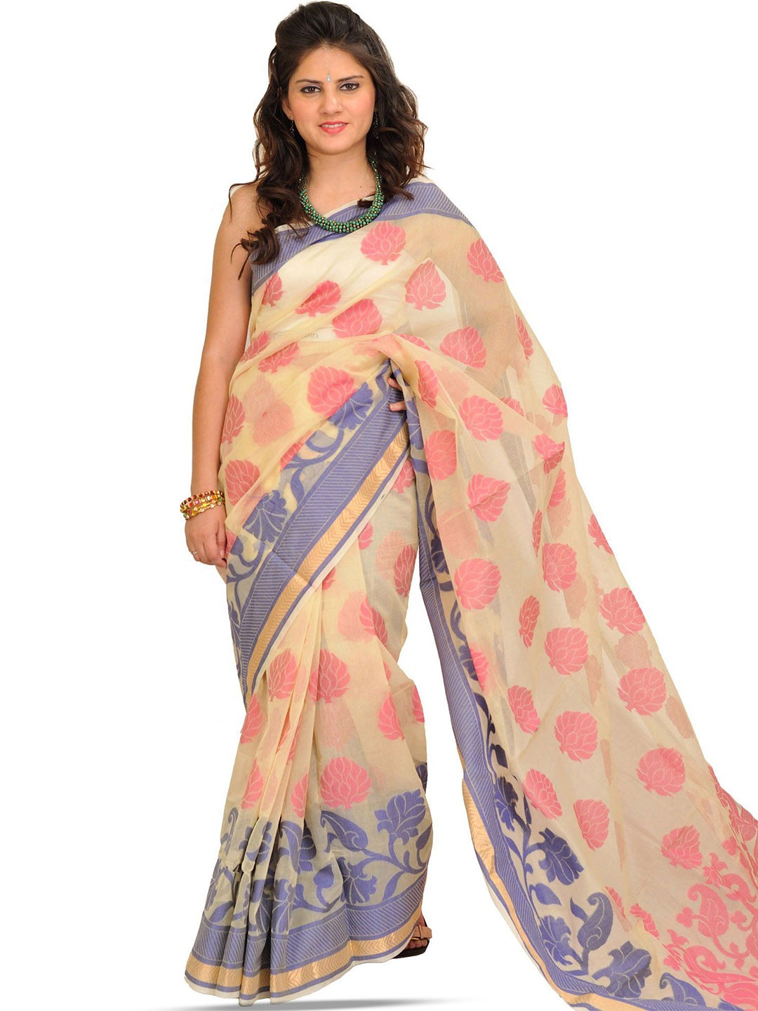 

Exotic India Paisley Zari Net Banarasi Saree, Cream