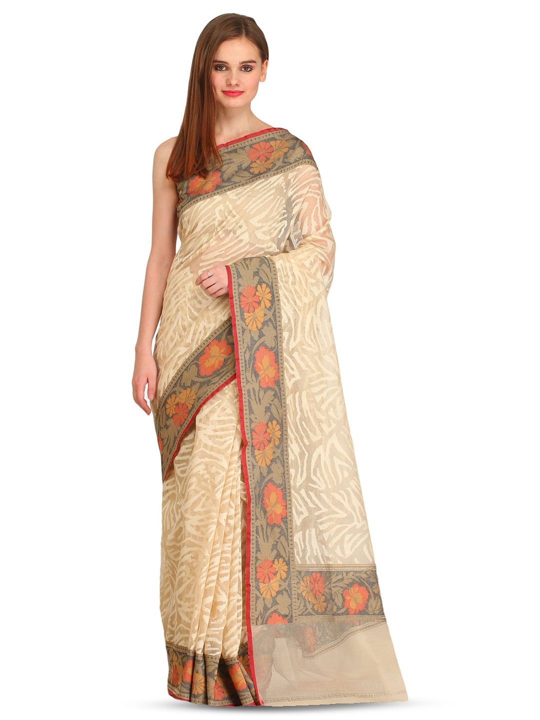 

Exotic India Woven Design Net Banarasi Saree, Cream