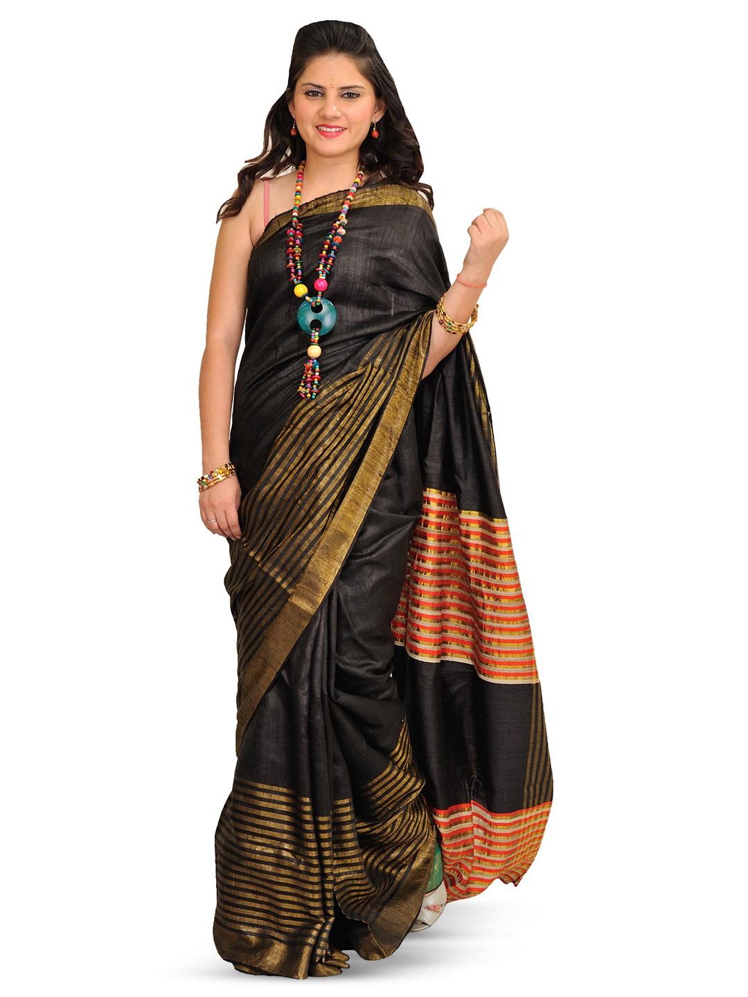 

Exotic India Zari Woven Stripes Art Silk Jet Black Saree