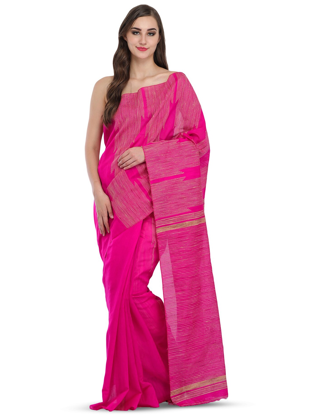 

Exotic India Striped Pure Silk Saree, Pink