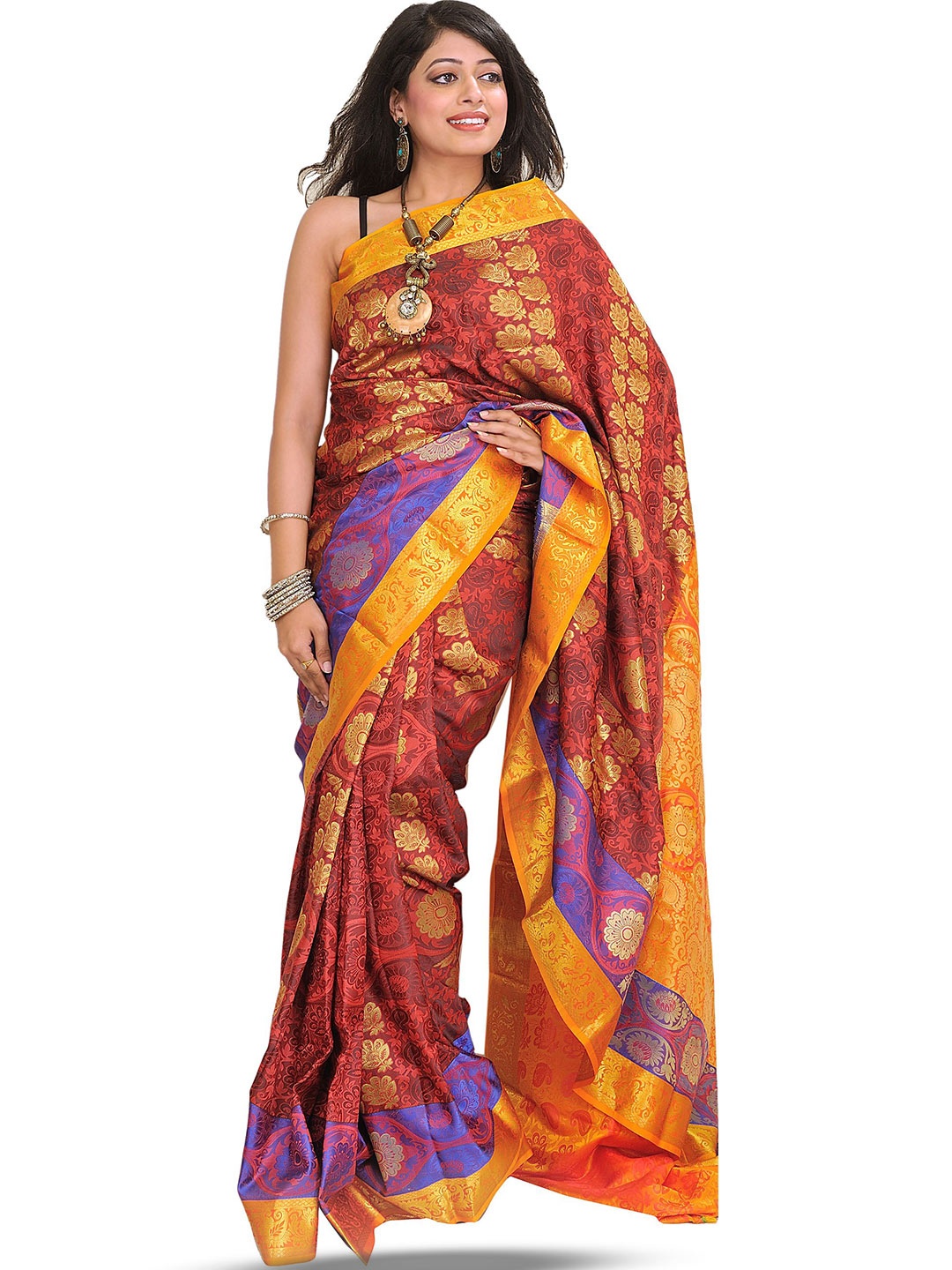 

Exotic India Ethnic Motifs Zari Pure Silk Saree, Red