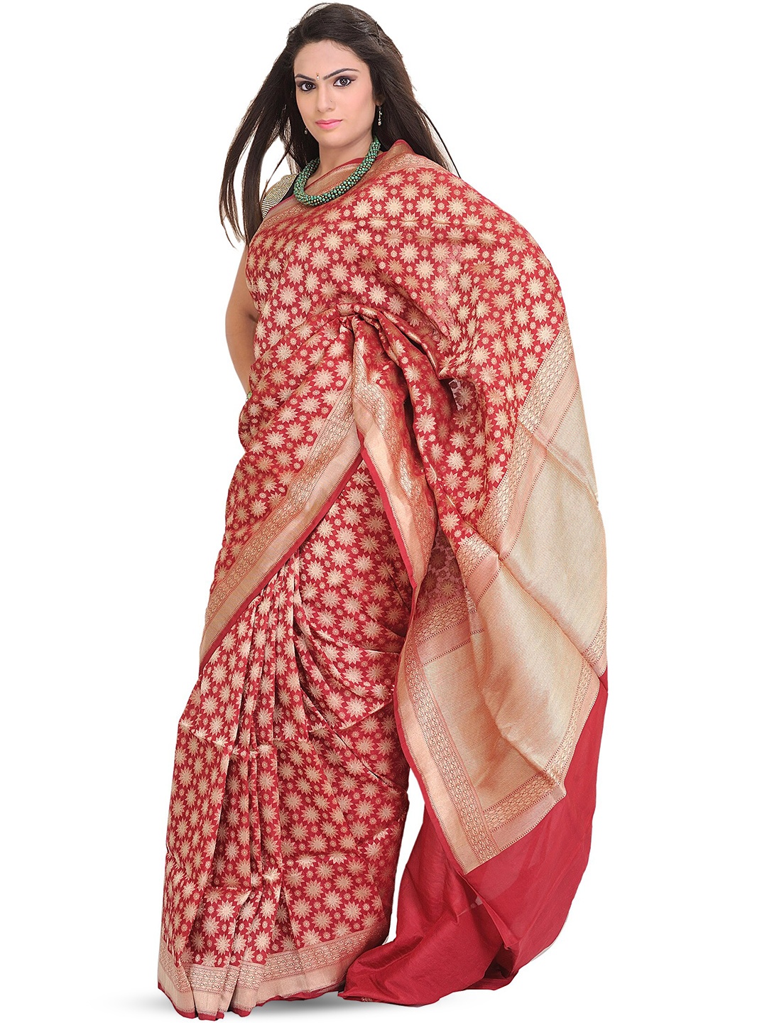 

Exotic India Ethnic Motifs Zari Pure Silk Banarasi Saree, Red