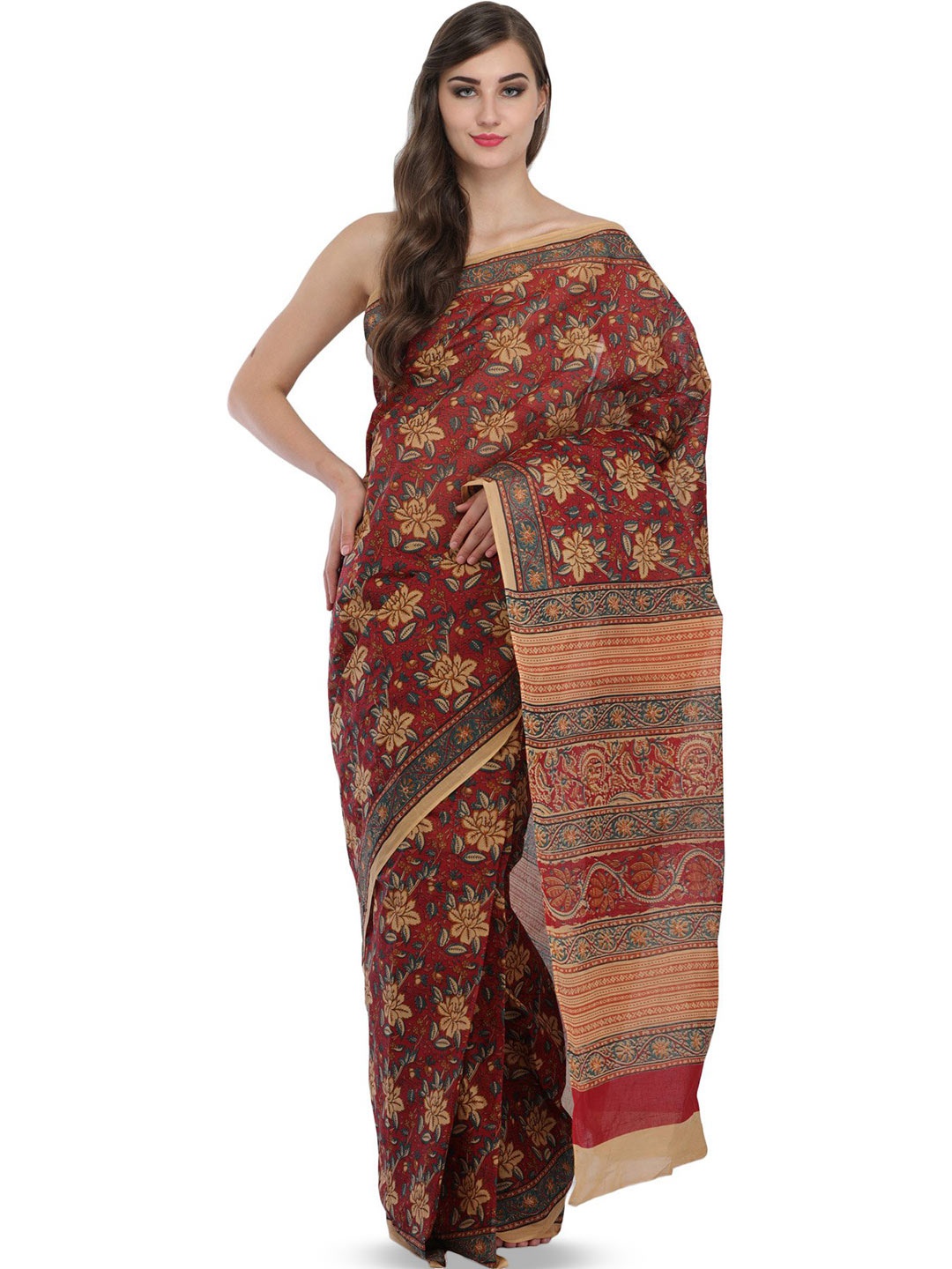 

Exotic India Kalamkari Pure Cotton Saree, Red