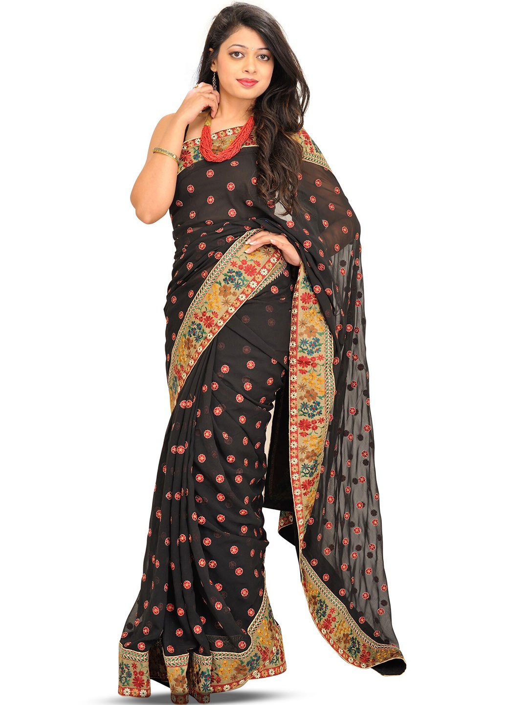 

Exotic India Floral Pure Georgette Saree, Black
