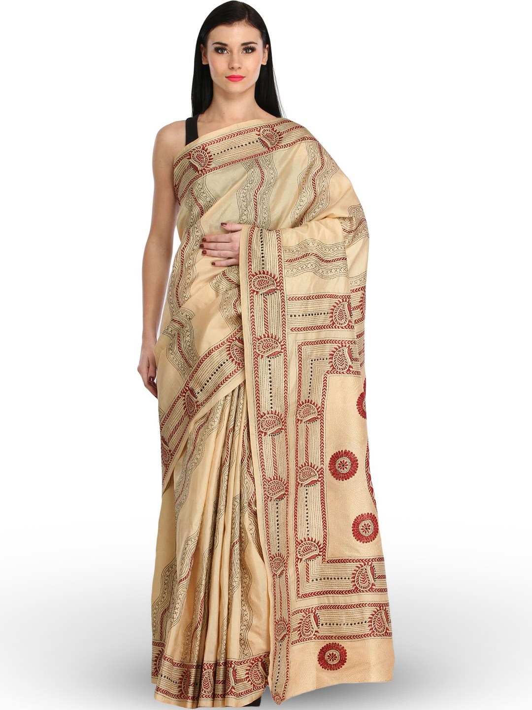 

Exotic India Paisley Embroidered Pure Silk Saree, Beige