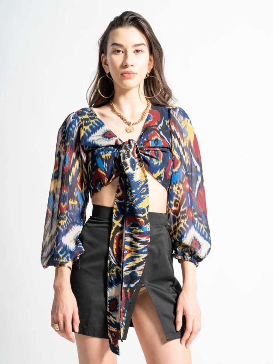 

HEY MISSY Floral Print Tie-Up Neck Bohemian Georgette Crop Top, Black
