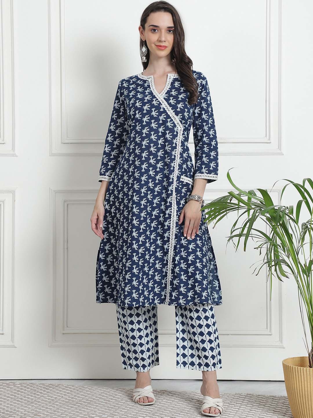 

KALINI Ethnic Motifs Yoke Design Angrakha Thread Work Pure Cotton Kurta With Trouser, Navy blue