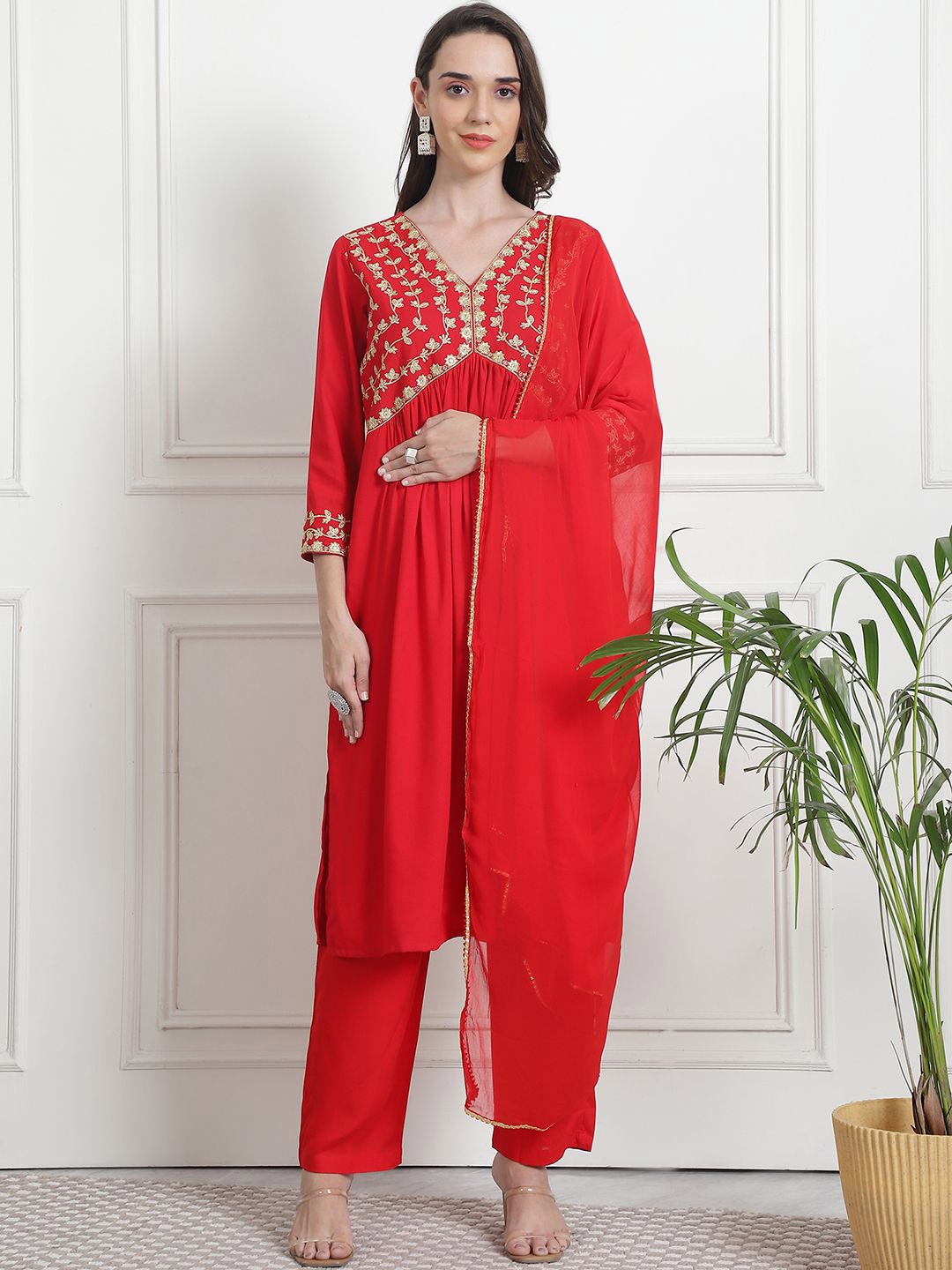 

KALINI Yoke Design Zari Empire A-Line Kurta With Trousers & Dupatta, Red