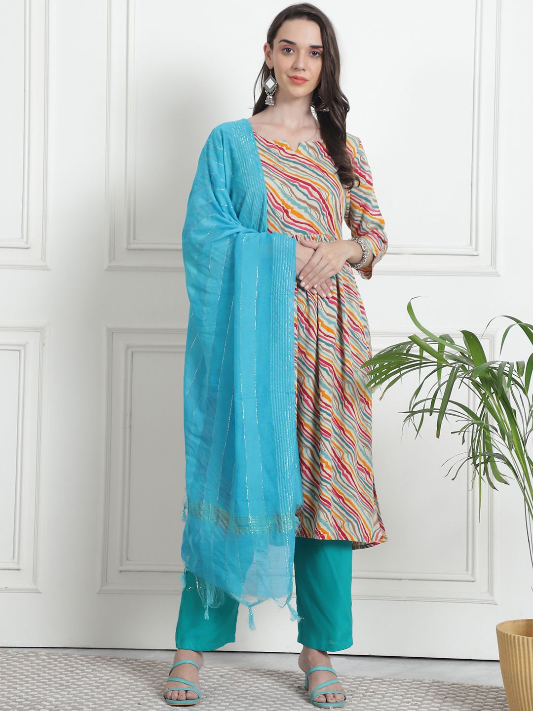 

KALINI Printed Empire Kurta with Palazzo & Dupatta, Turquoise blue