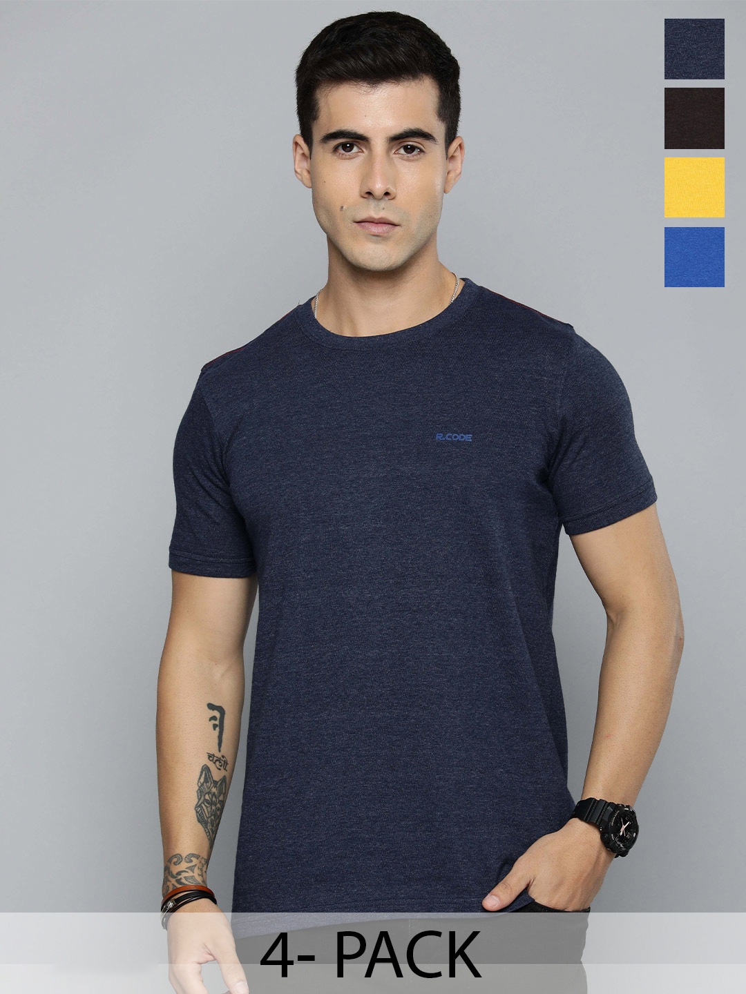 

R.Code by The Roadster Life Co. Pack Of 4 Men Round Neck Short Sleeves Regular Fit T Shirt, Navy blue