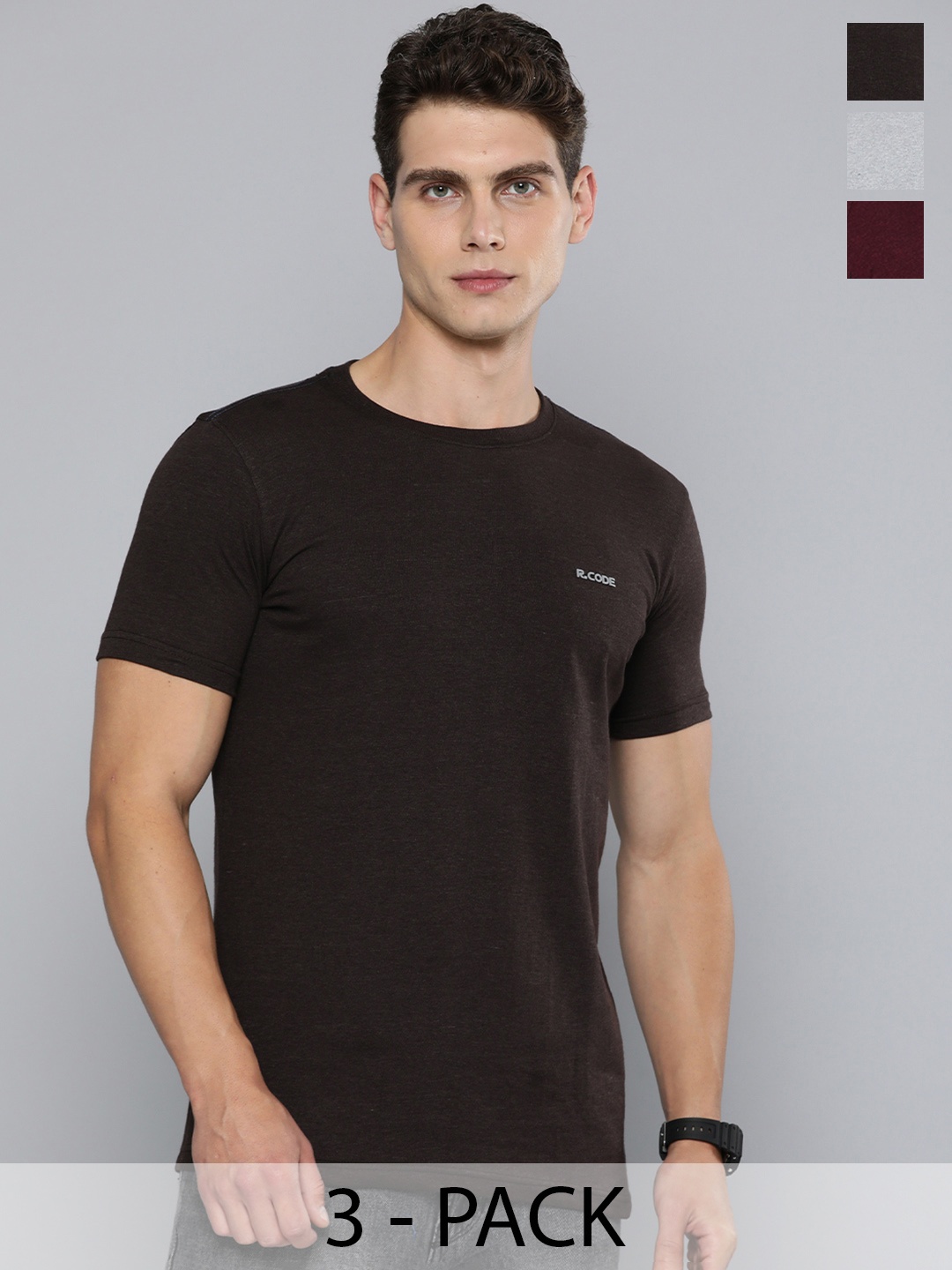 

R.Code by The Roadster Life Co. Pack Of 3 Men Round Neck Short Sleeves Regular Fit Tshirts, Grey melange