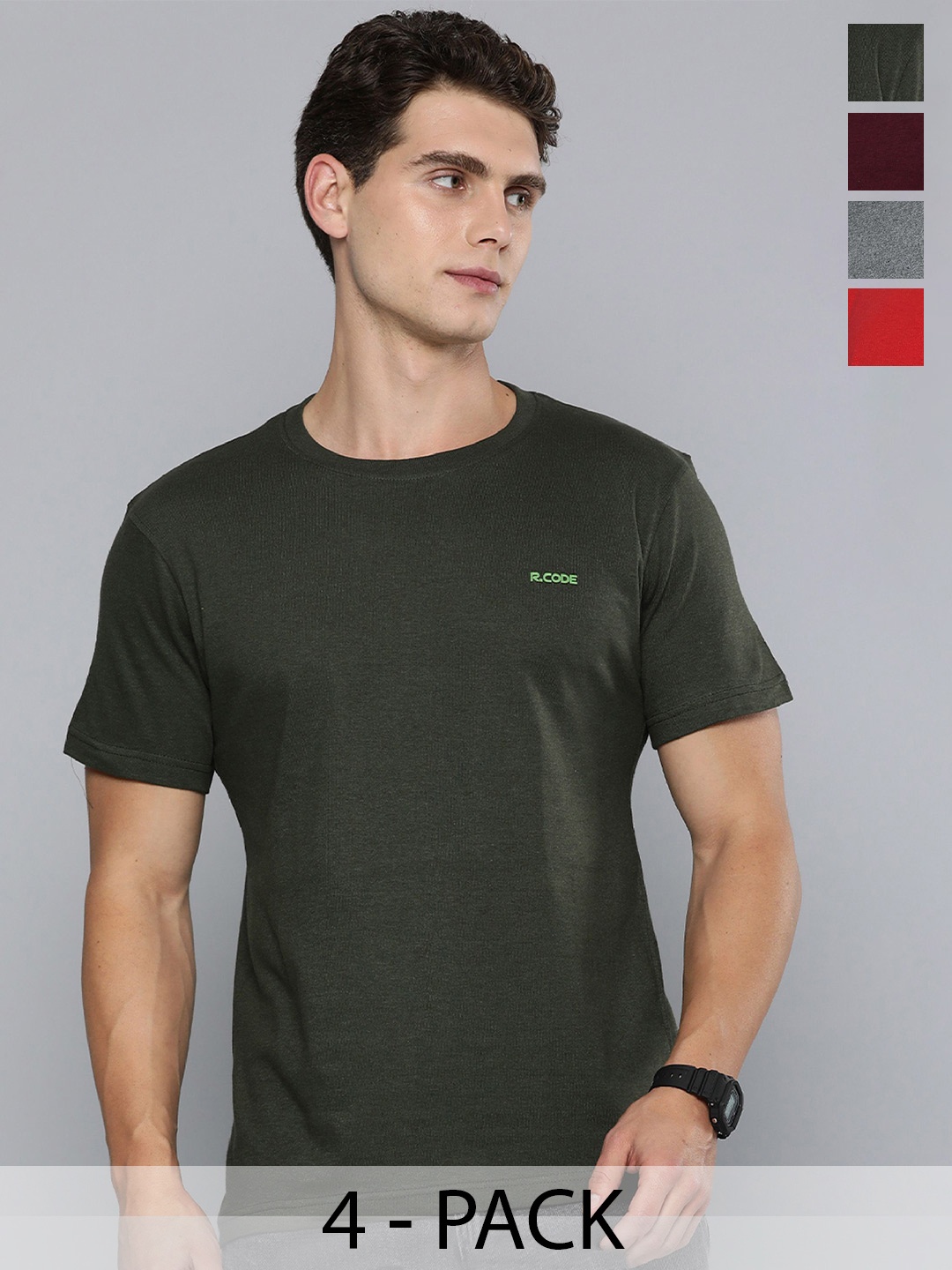 

R.Code by The Roadster Life Co. Pack Of 4 Men Round Neck Short Sleeves Regular Fit Tshirts, Olive