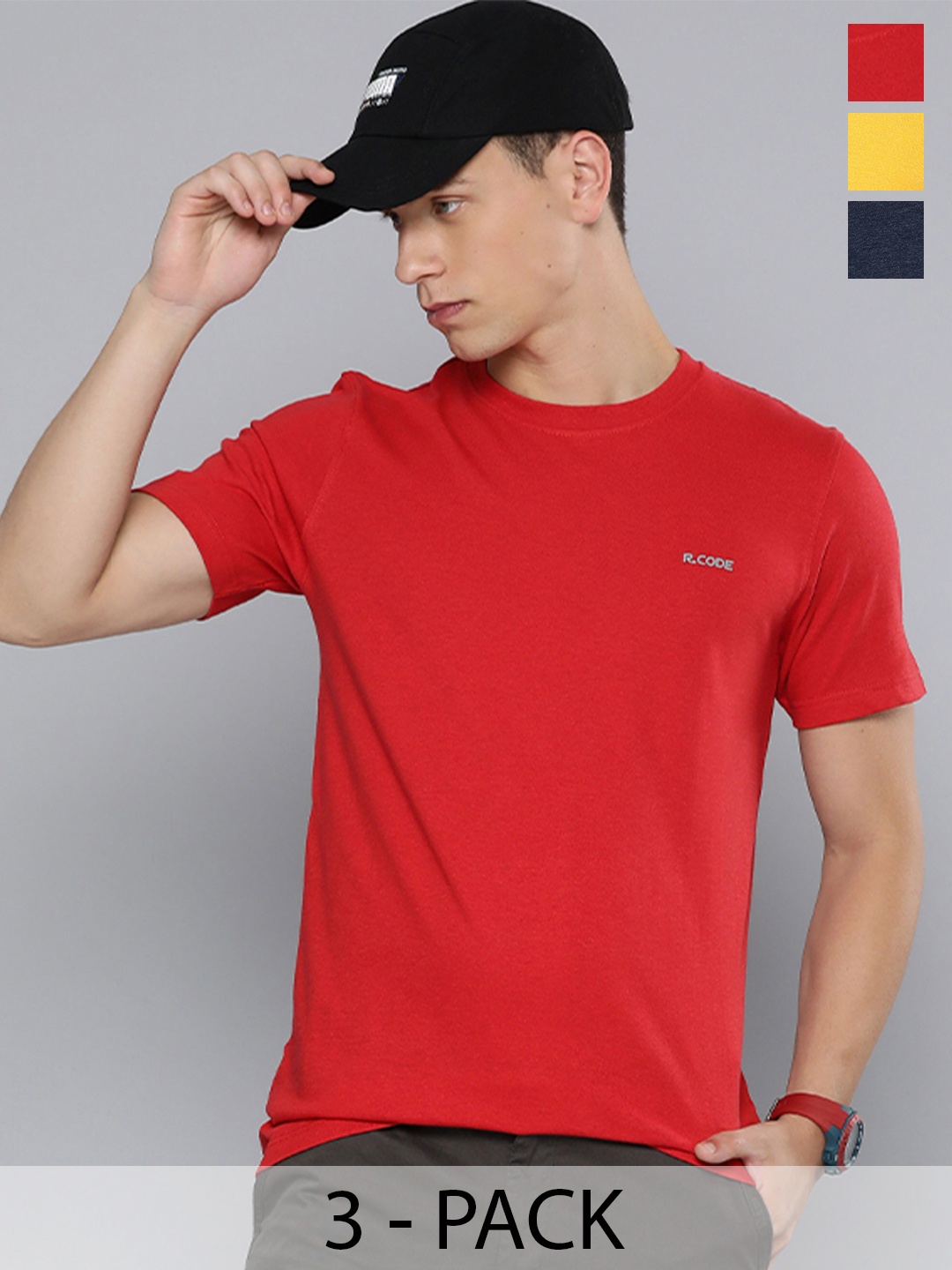 

R.Code by The Roadster Life Co. Pack Of 3 Men Round Neck Short Sleeves Regular Fit Tshirts, Red