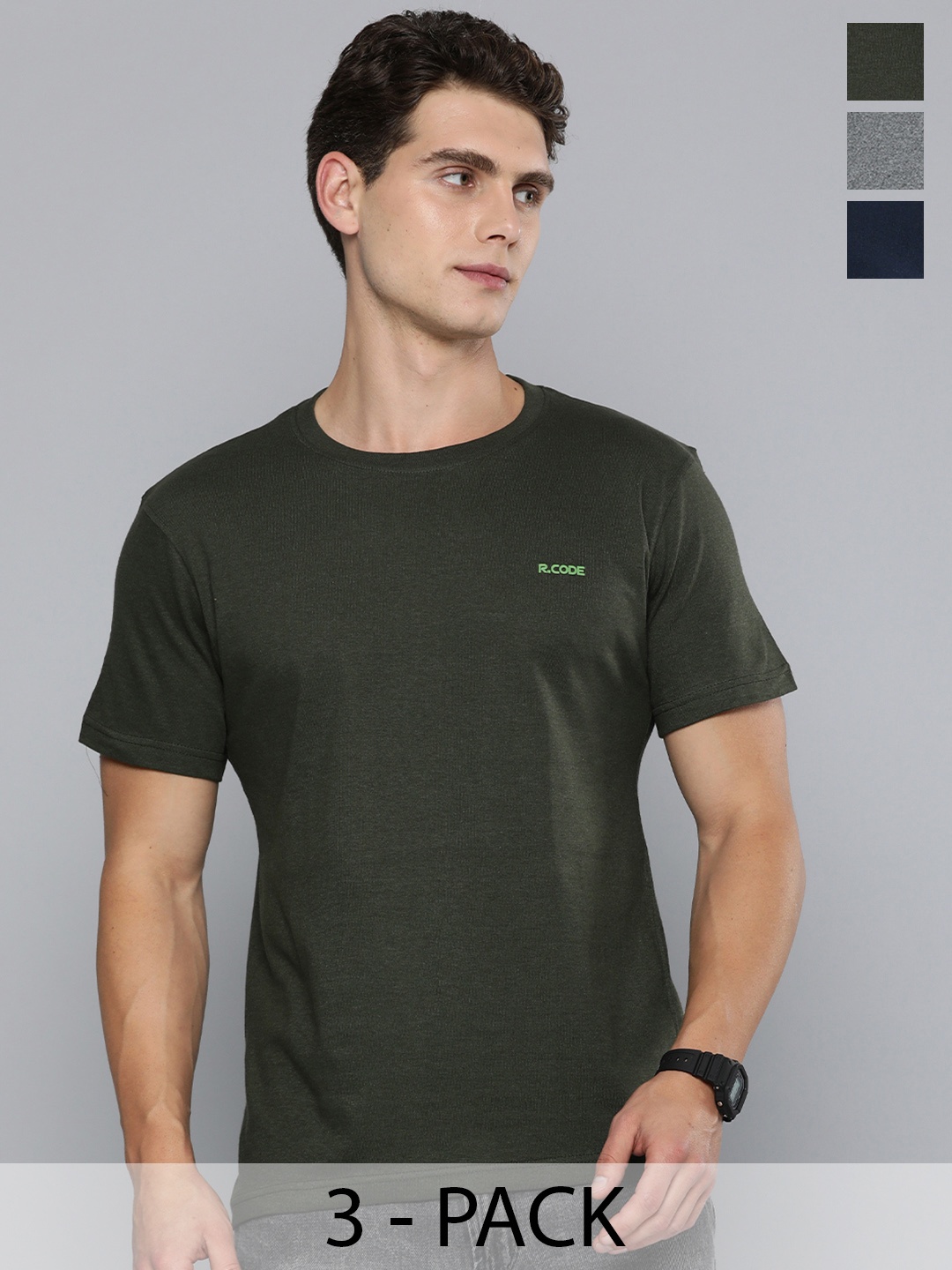 

R.Code by The Roadster Life Co. Pack Of 3 Men Round Neck Short Sleeves Regular Fit Tshirts, Olive