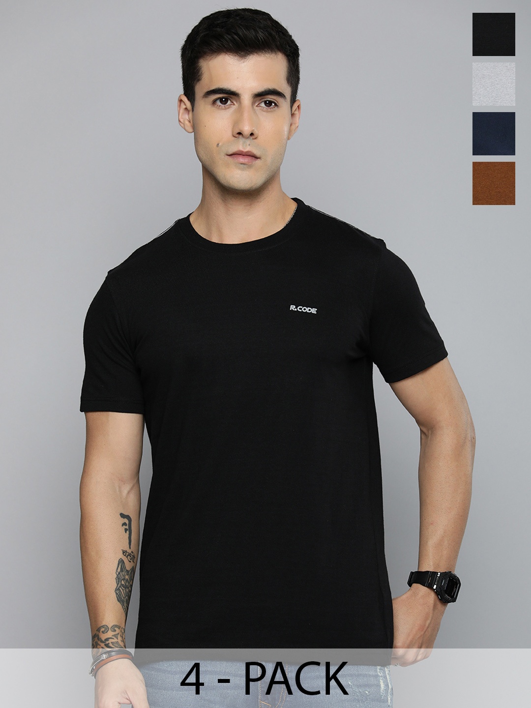 

R.Code by The Roadster Life Co. Pack Of 4 Men Round Neck Short Sleeves Regular Fit Tshirts, Black