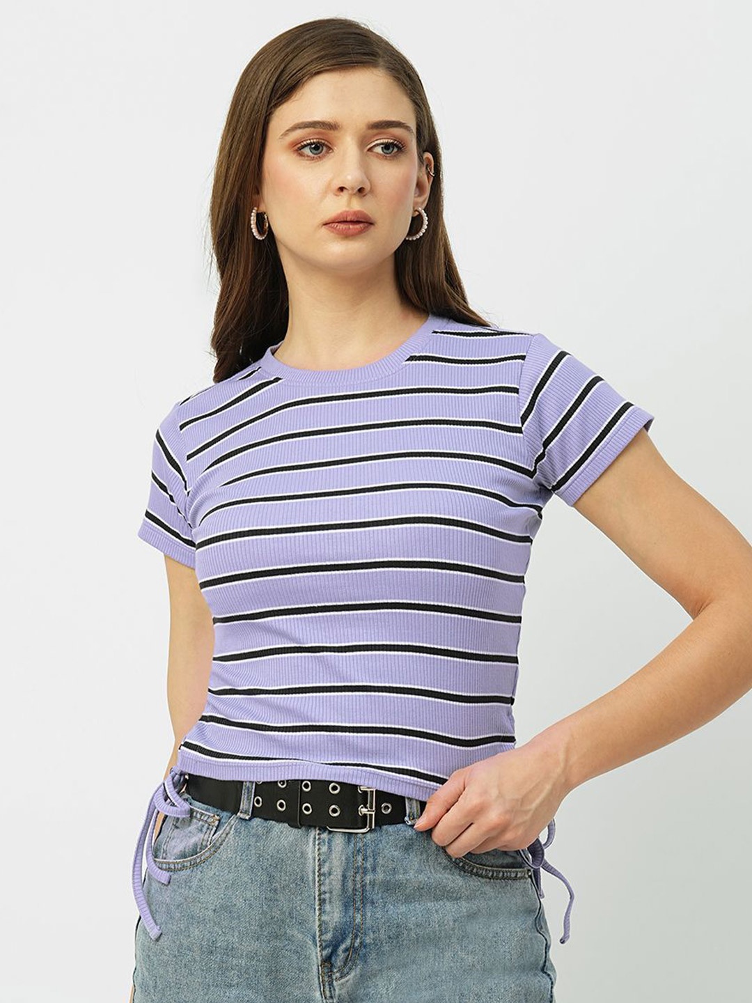 

Kraus Jeans Striped Round Neck Cotton Slim Fit T-shirt, Lavender