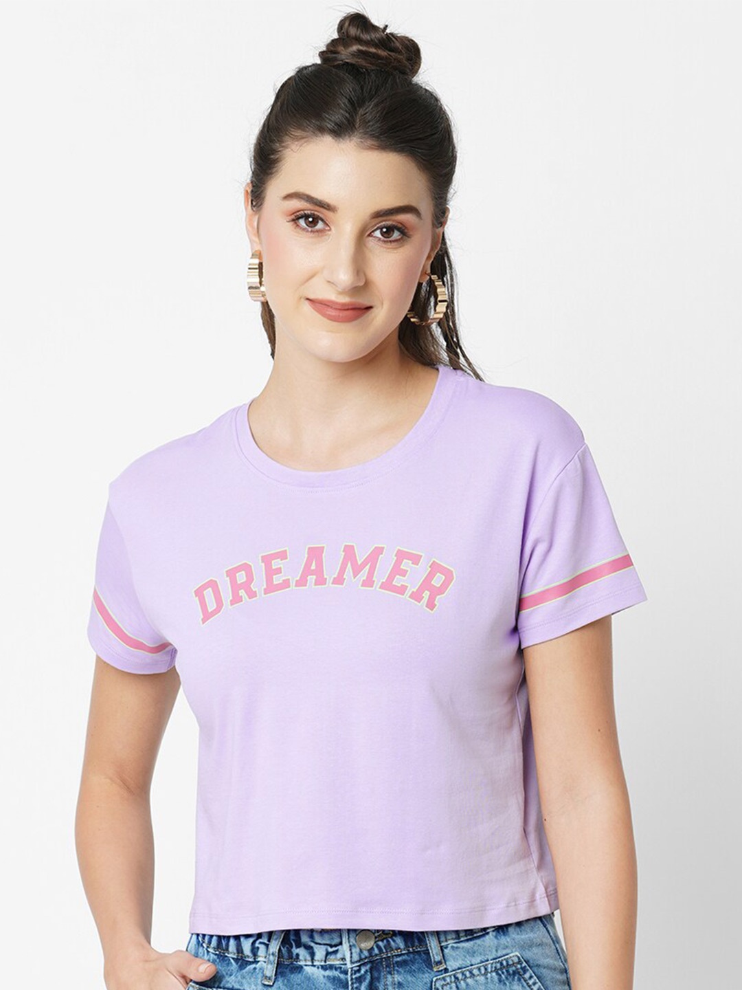 Kraus Jeans Typography Printed Drop-Shoulder Slim Fit Cotton T-shirt, Lavender