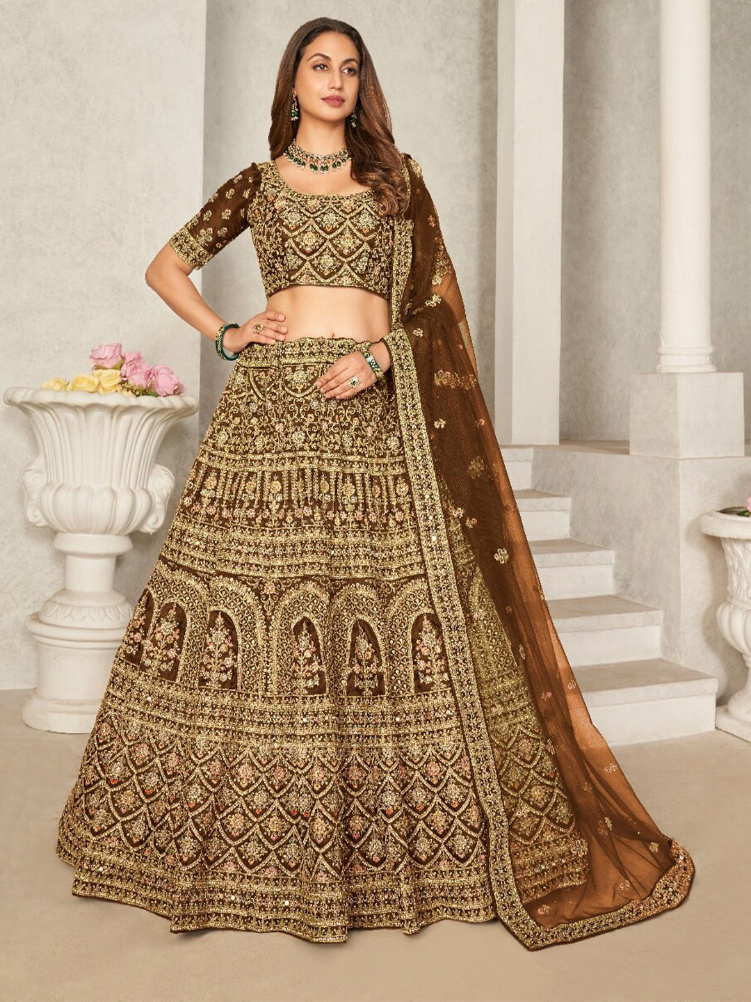 

Fusionic Embroidered Sequinned Semi-Stitched Net Lehenga With Unstitched Blouse & Dupatta, Brown