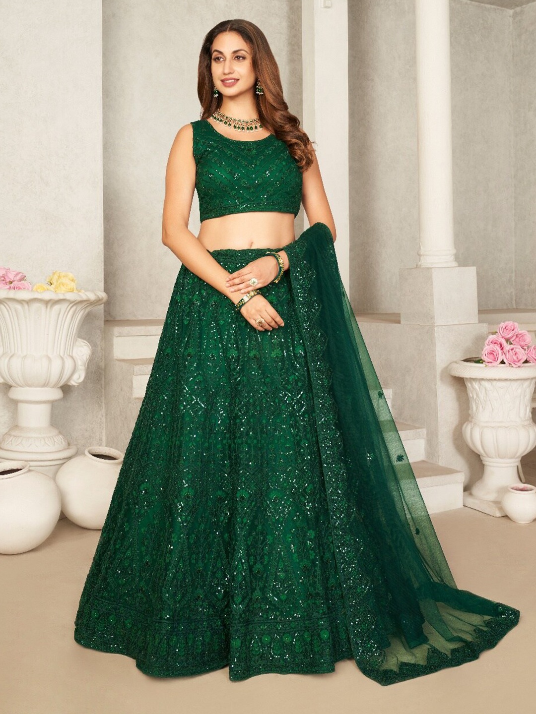 

Fusionic Embroidered Sequinned Net Semi-Stitched Lehenga & Unstitched Blouse With Dupatta, Green