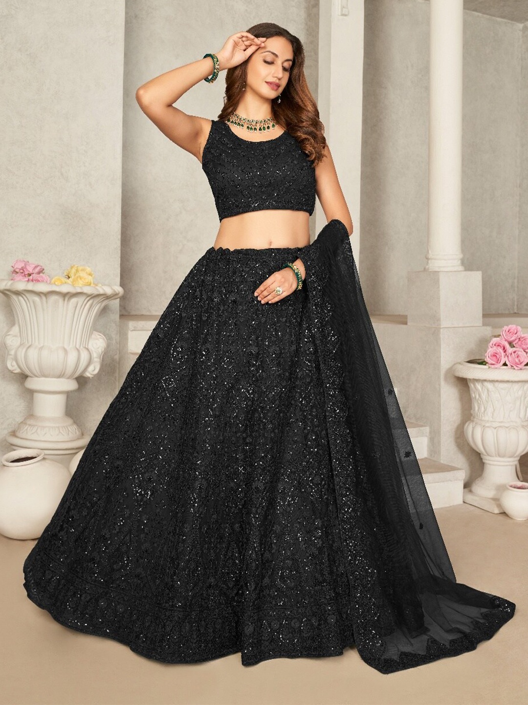 

Fusionic Embroidered Net Semi-Stitched Lehenga & Unstitched Blouse With Dupatta, Black