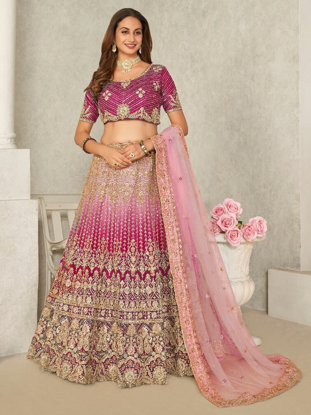 

Fusionic Embroidered Net Semi-Stitched Lehenga & Unstitched Blouse With Dupatta, Pink