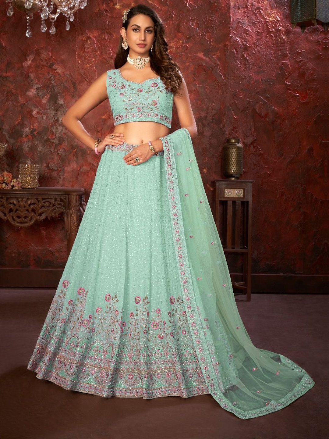 

Fusionic Embroidered V-Neck Semi-Stitched Lehenga & Unstitched Blouse With Dupatta, Green