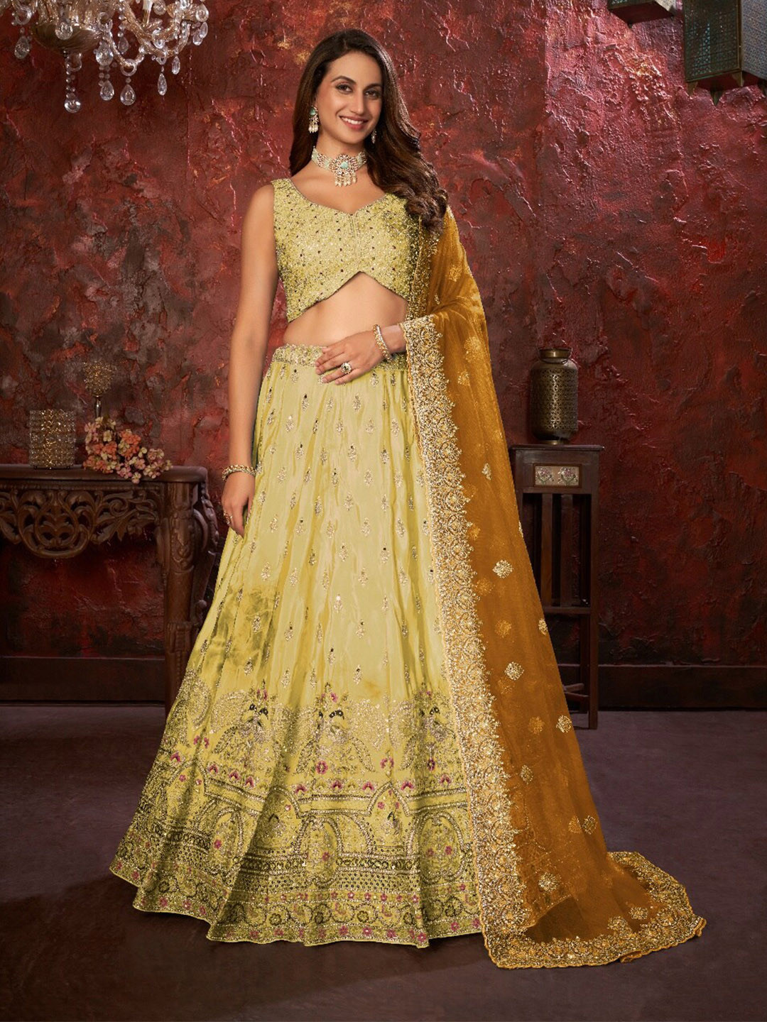 

Fusionic Embellished Sequinned Semi-Stitched Lehenga With Unstitched Blouse & Dupatta, Yellow