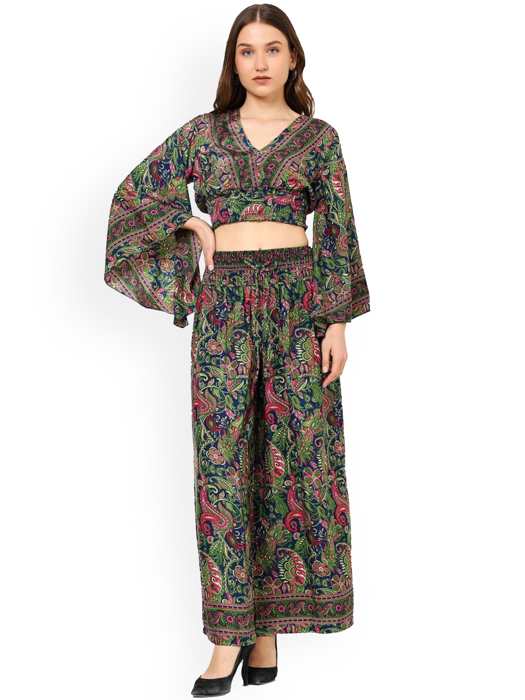 

KALINI Printed V-Neck Top & Trouser Co-Ords, Green