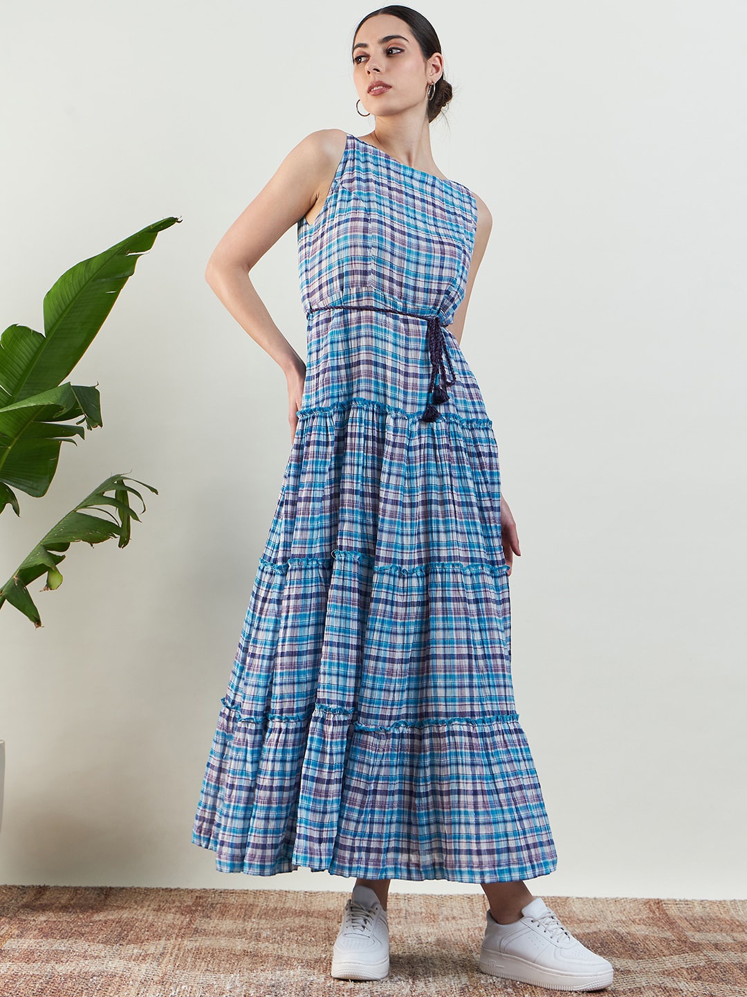 

STADO Checked Fit & Flare Maxi Dress, Blue