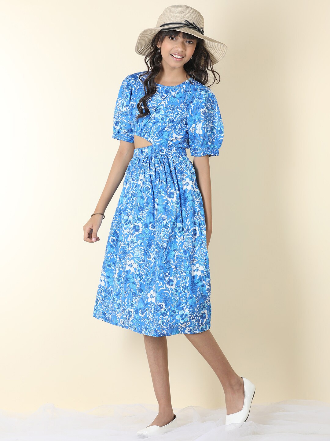 

Cutiekins Girls Floral Printed Flared Fit & Flare Midi Dress, Blue