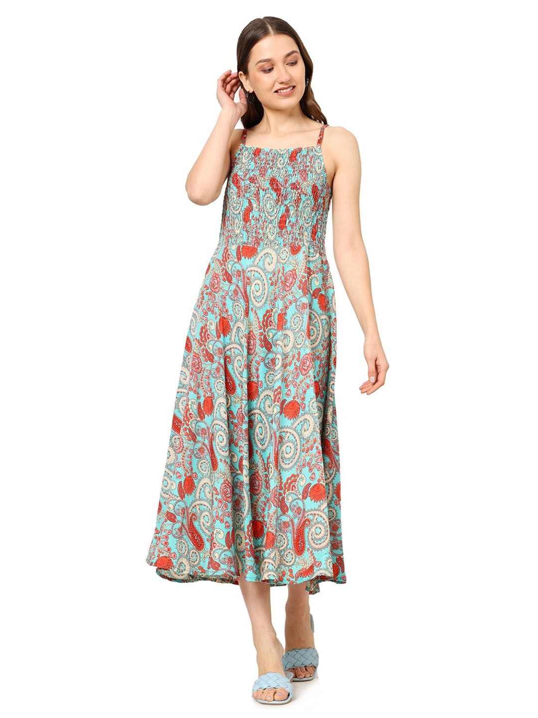 

KALINI Women Floral Printed Shoulder Straps Smocked Fit & Flare Midi Dress, Green