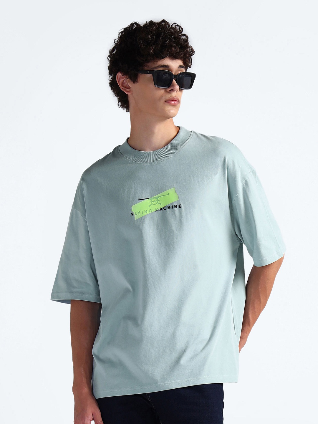 

Flying Machine Round Neck Short Sleeves Typography Printed Cotton Oversized T-shirt, Blue