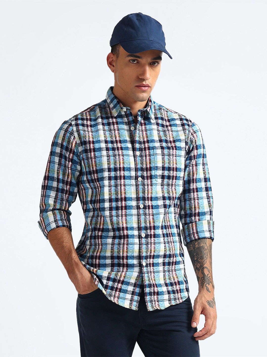 

Flying Machine Slim Fit Tartan Checked Cotton Casual Shirt, Blue