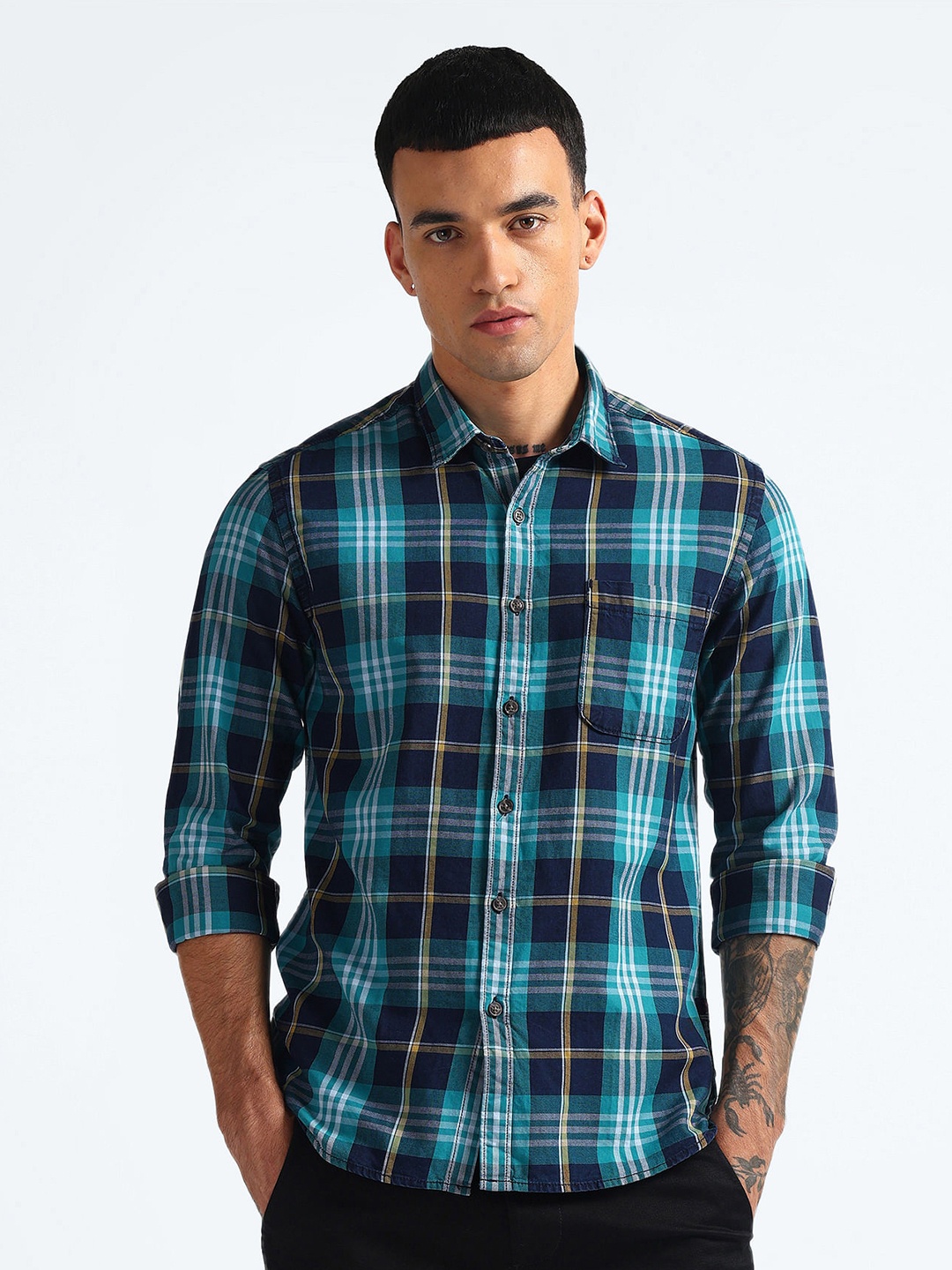 

Flying Machine Slim Fit Tartan Checks Cotton Opaque Casual Shirt, Green