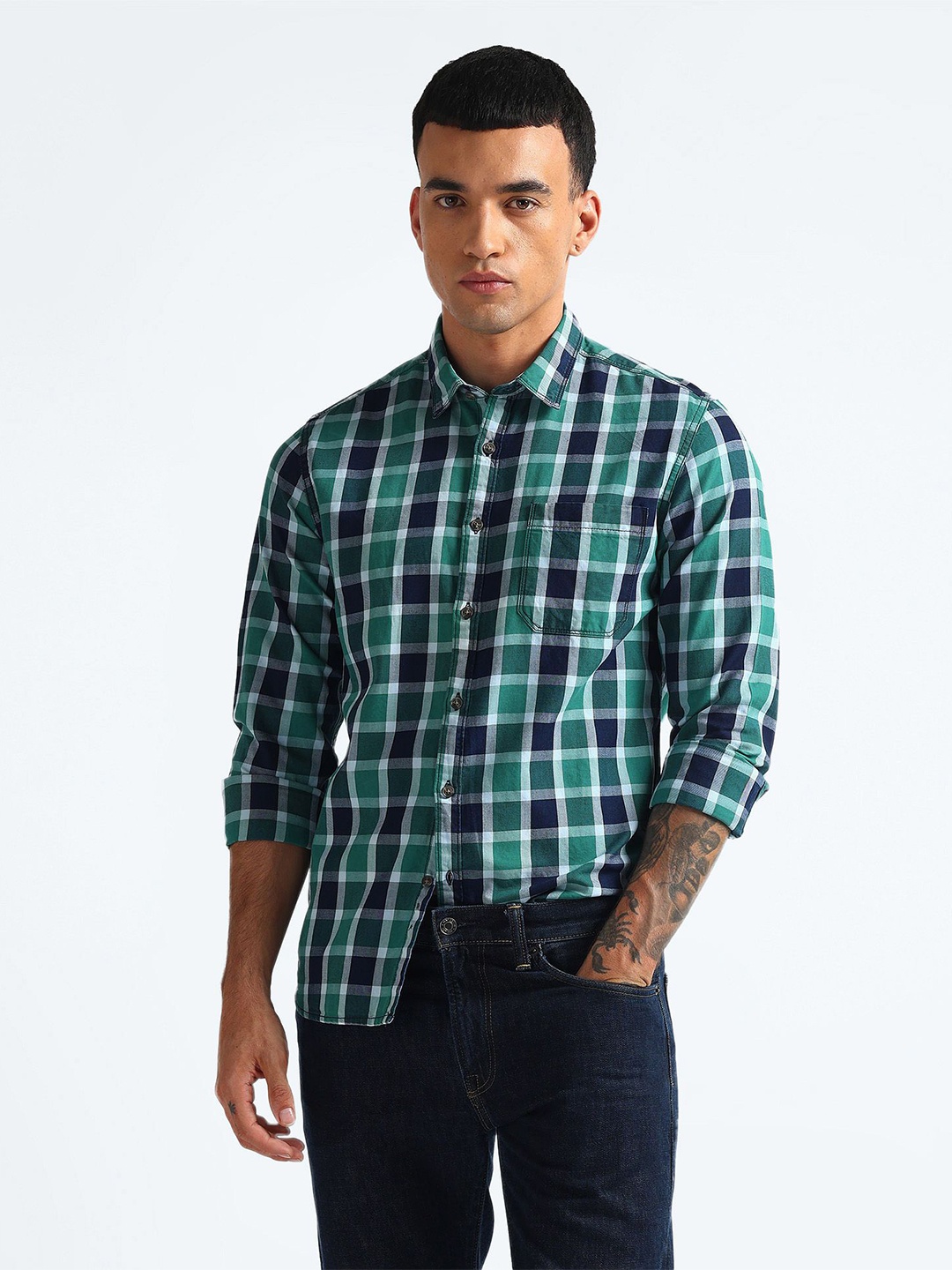 

Flying Machine Slim Fit Tartan Checks Spread Collar Cotton Twill Casual Shirt, Green