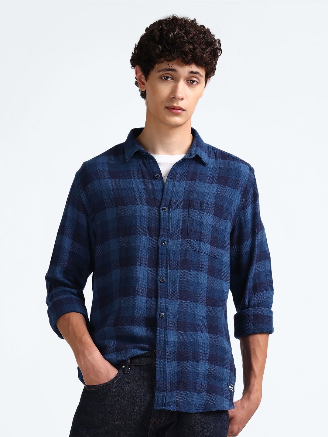 

Flying Machine Buffalo Checks Spread Collar Pure Cotton Casual Shirt, Blue