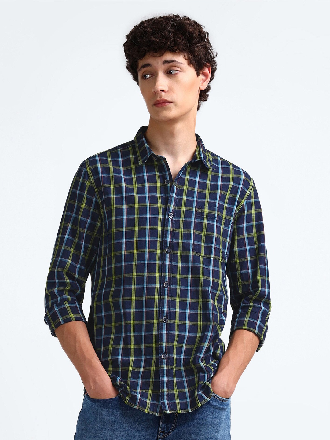 

Flying Machine Checked Slim Fit Cotton Opaque Casual Shirt, Blue