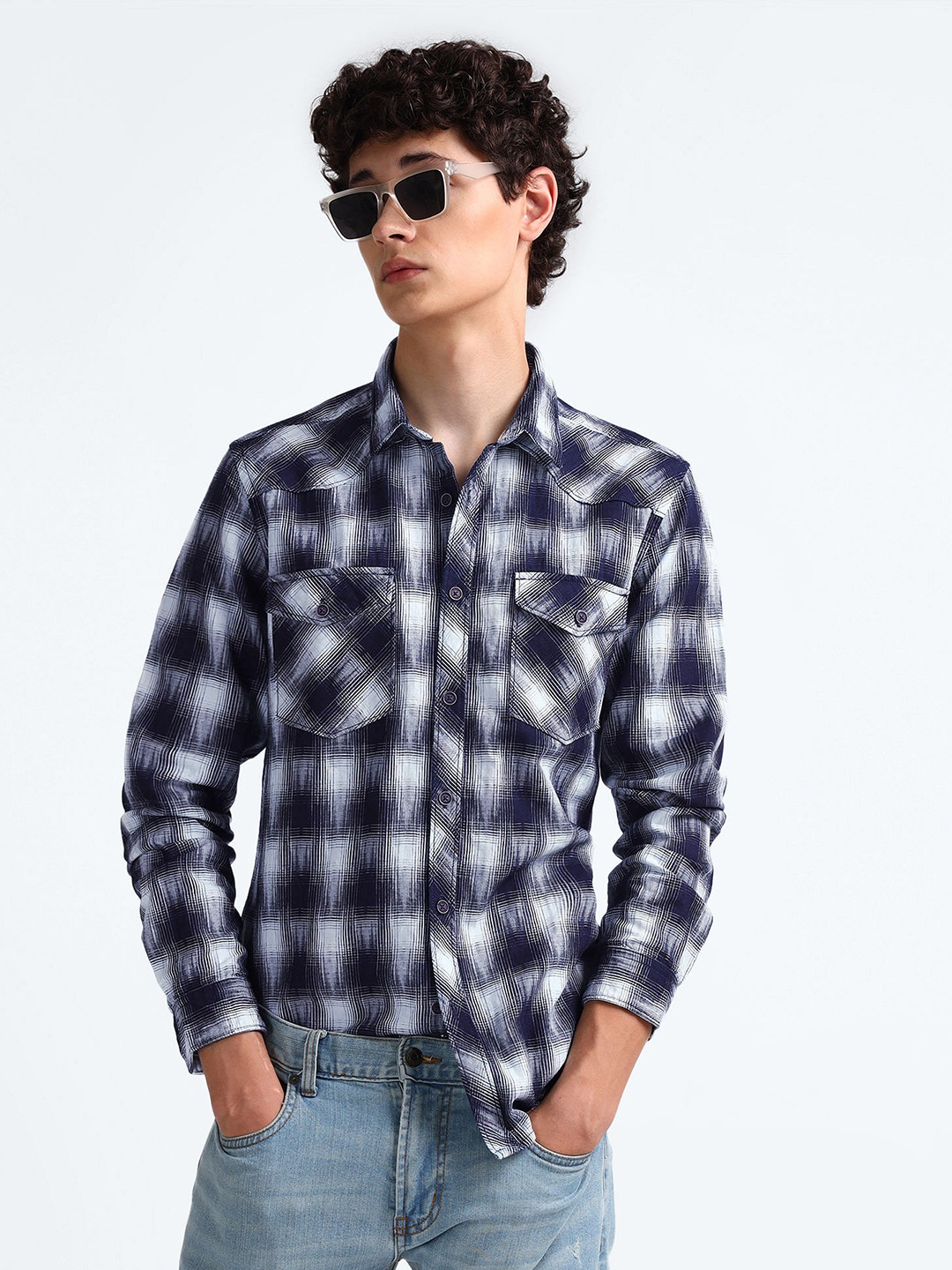 

Flying Machine Slim Fit Checked Spread Collar Cotton Casual Shirt, White