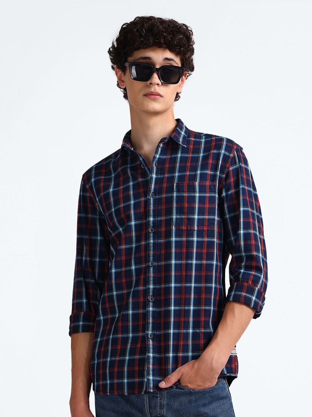 

Flying Machine Slim Fit Tartan Checked Linen Opaque Casual Shirt, Blue