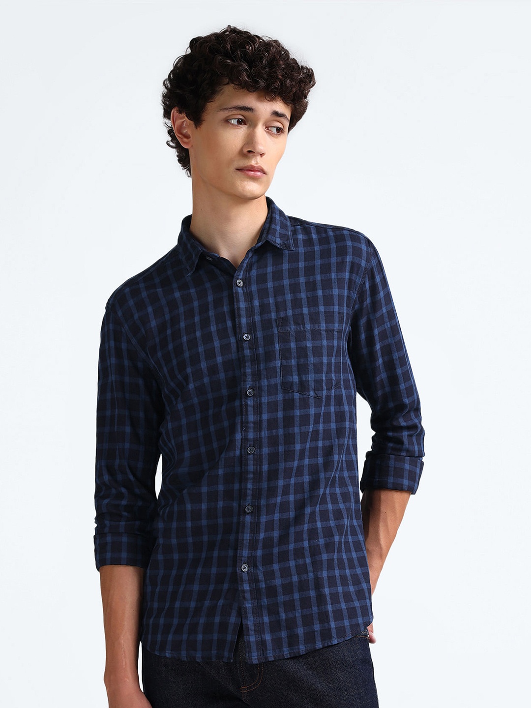 

Flying Machine Slim Fit Checked Spread Collar Long Sleeves Cotton Casual Shirt, Blue