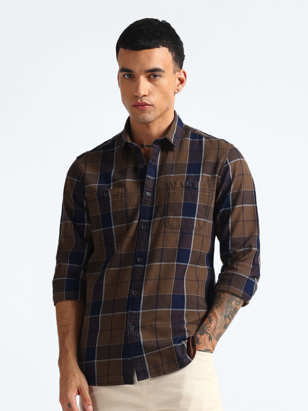 

Flying Machine Slim Fit Tartan Checks Spread Collar Cotton Twill Casual Shirt, Brown