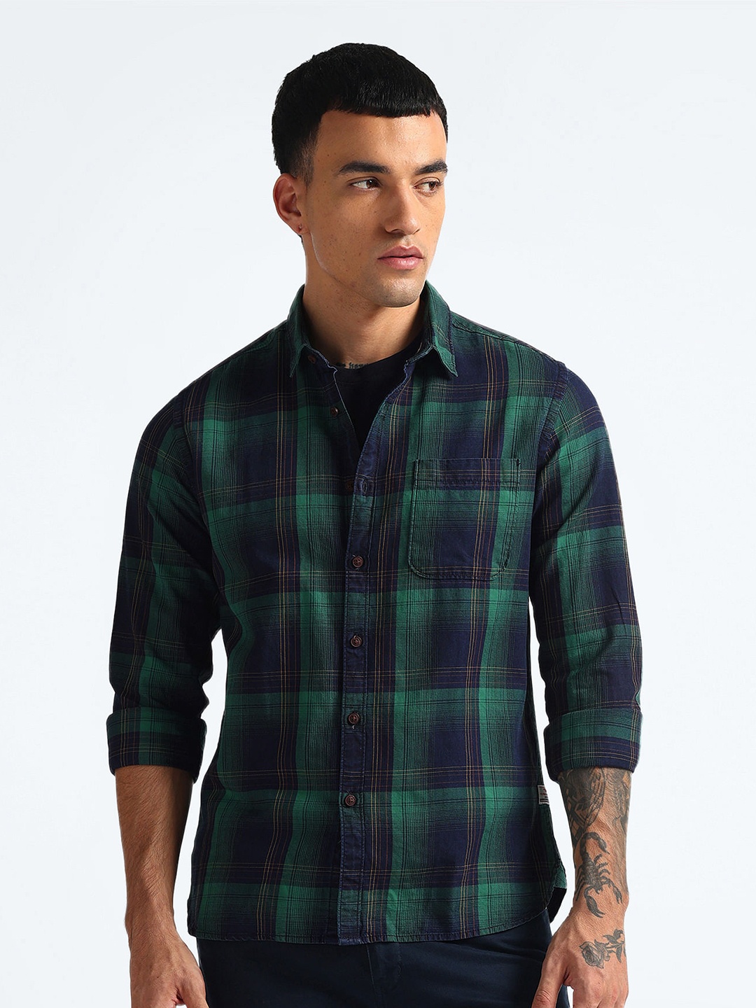 

Flying Machine Slim Fit Tartan Checked Cotton Casual Shirt, Blue