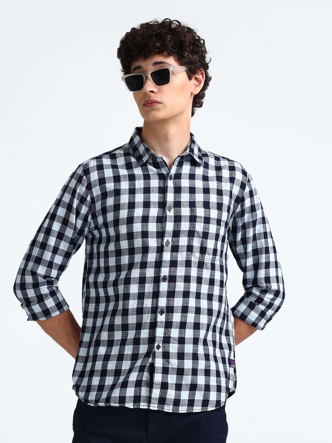 

Flying Machine Gingham Checked Cotton Opaque Casual Shirt, Blue