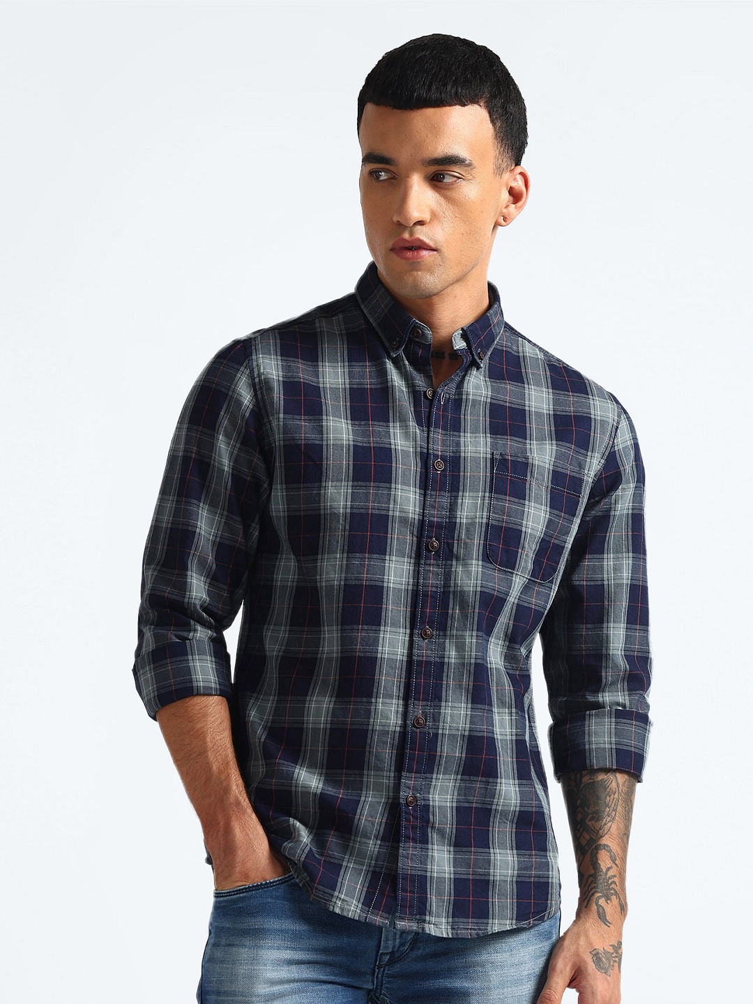 

Flying Machine Slim Fit Checked Cotton Casual Shirt, Blue