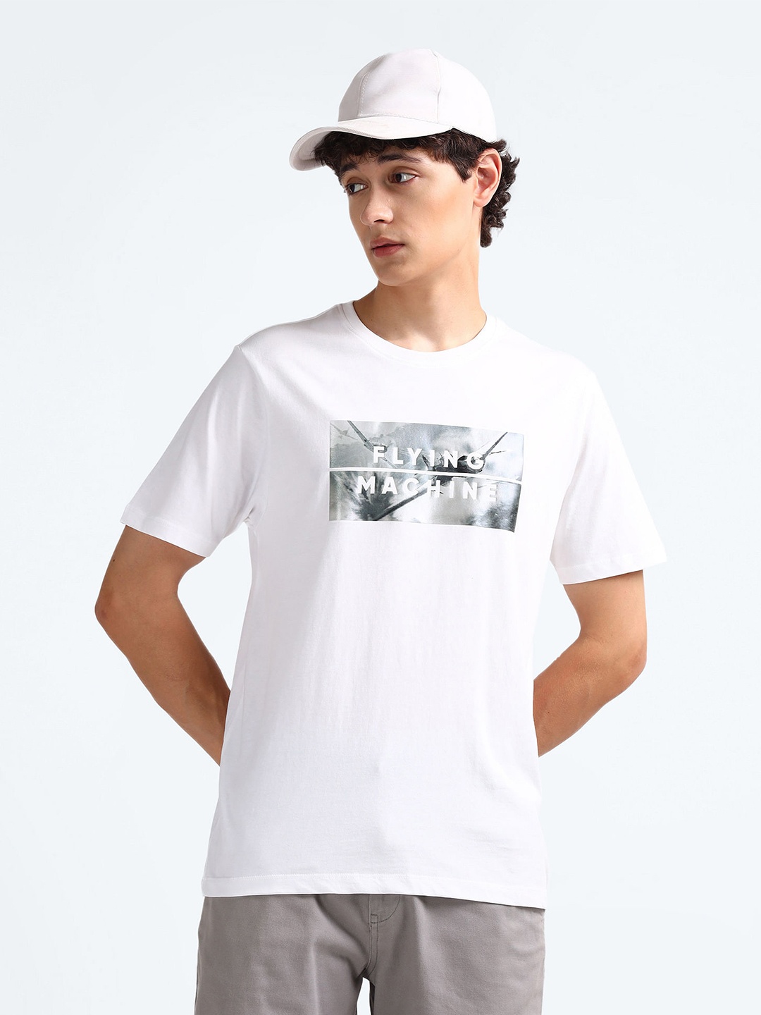 Flying Machine Typography Printed Round Neck Short Sleeves Pure Cotton T-Shirt, White