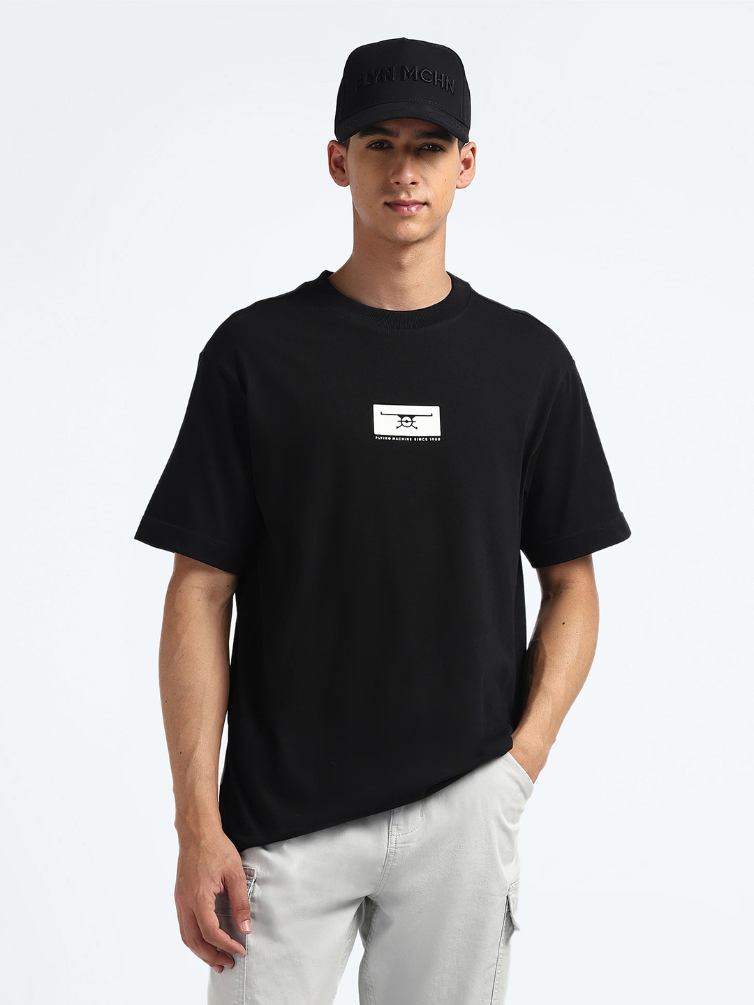 

Flying Machine Typography Printed Round Neck Short Sleeves Relaxed Fit Pure Cotton T-Shirt, Black