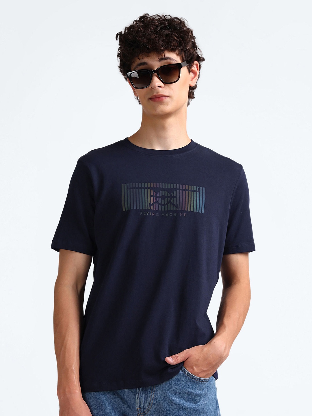 

Flying Machine Round Neck Short Sleeves Printed Cotton Regular Fit T-shirt, Navy blue