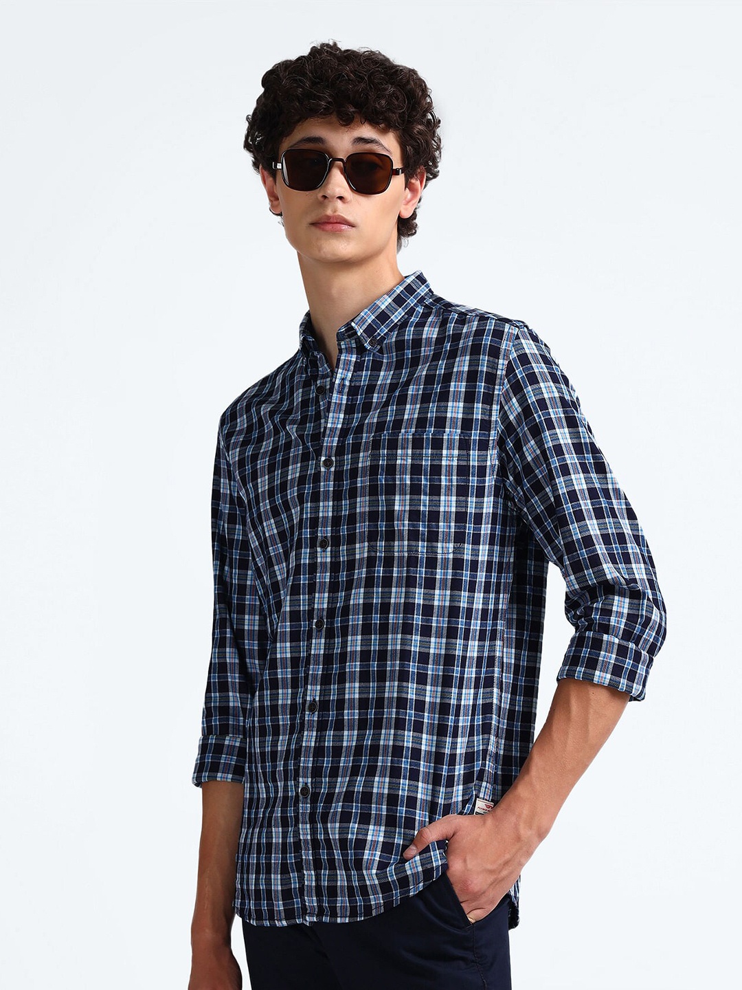

Flying Machine Checked Slim Fit Cotton Opaque Casual Shirt, Blue